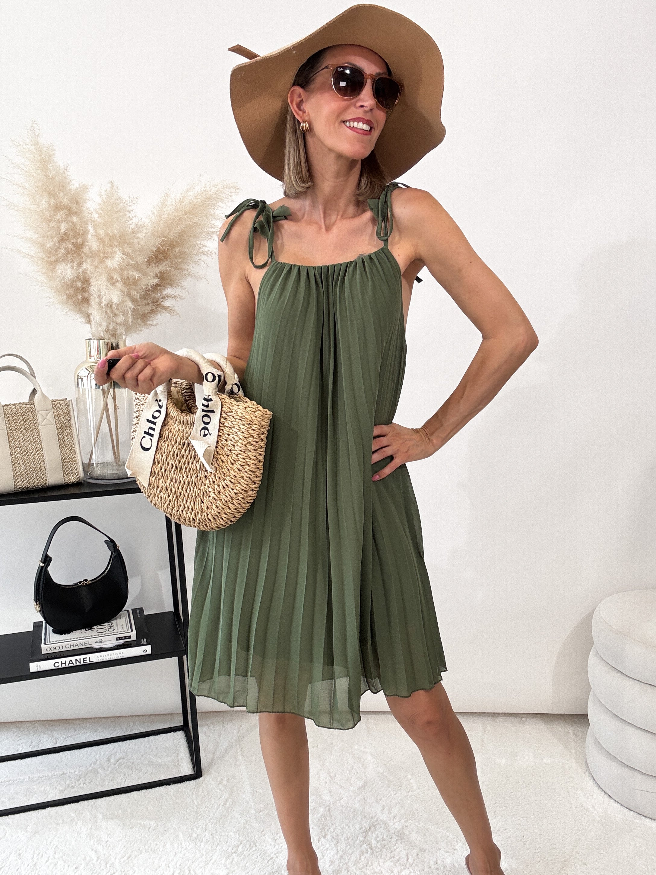 "Venti" Plissee Kleid Midi - khaki