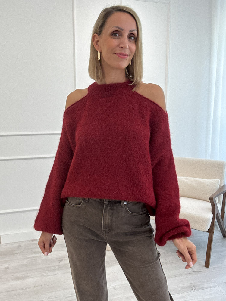 "Lia" weicher Cold-Shoulder Pullover - soft bordeaux