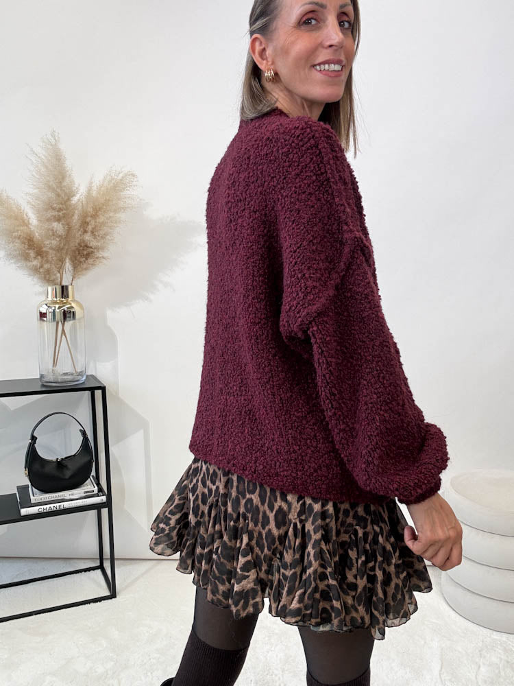 "Cozy Button Boucle Mini" kuscheliger Cardigan - bordeaux