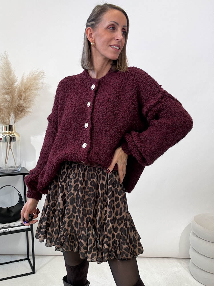 "Cozy Button Boucle Mini" kuscheliger Cardigan - bordeaux