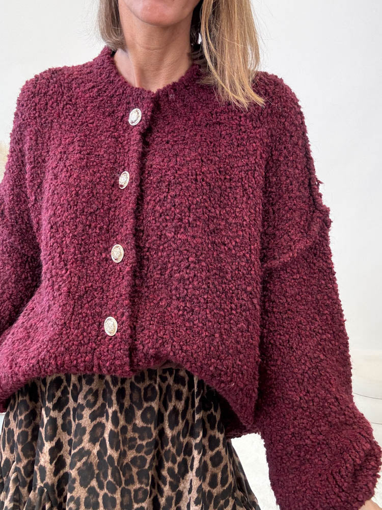 "Cozy Button Boucle Mini" kuscheliger Cardigan - bordeaux