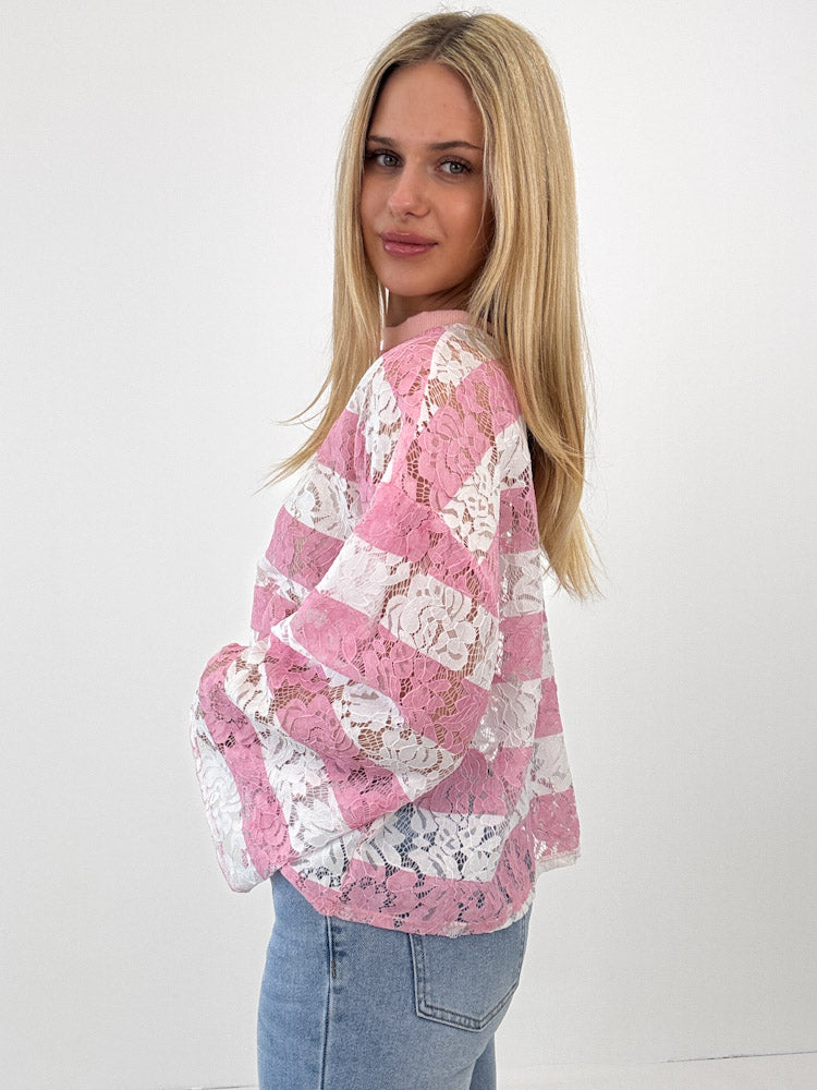 "Candy Lace Dream" schönes Shirt aus Spitze - rosa/weiß