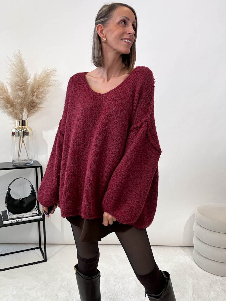 "Cosy V" kuscheliger Wollpulli - bordeaux