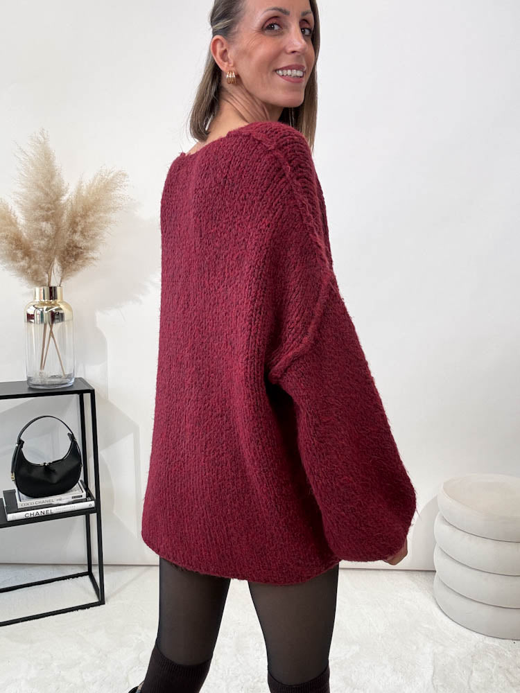 "Cosy V" kuscheliger Wollpulli - bordeaux