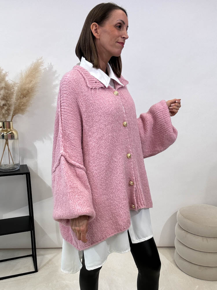 "Cozy Button" kuscheliger Oversize Cardigan - rosa