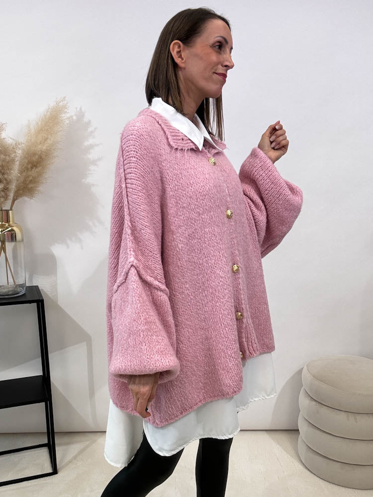 "Cozy Button" kuscheliger Oversize Cardigan - rosa