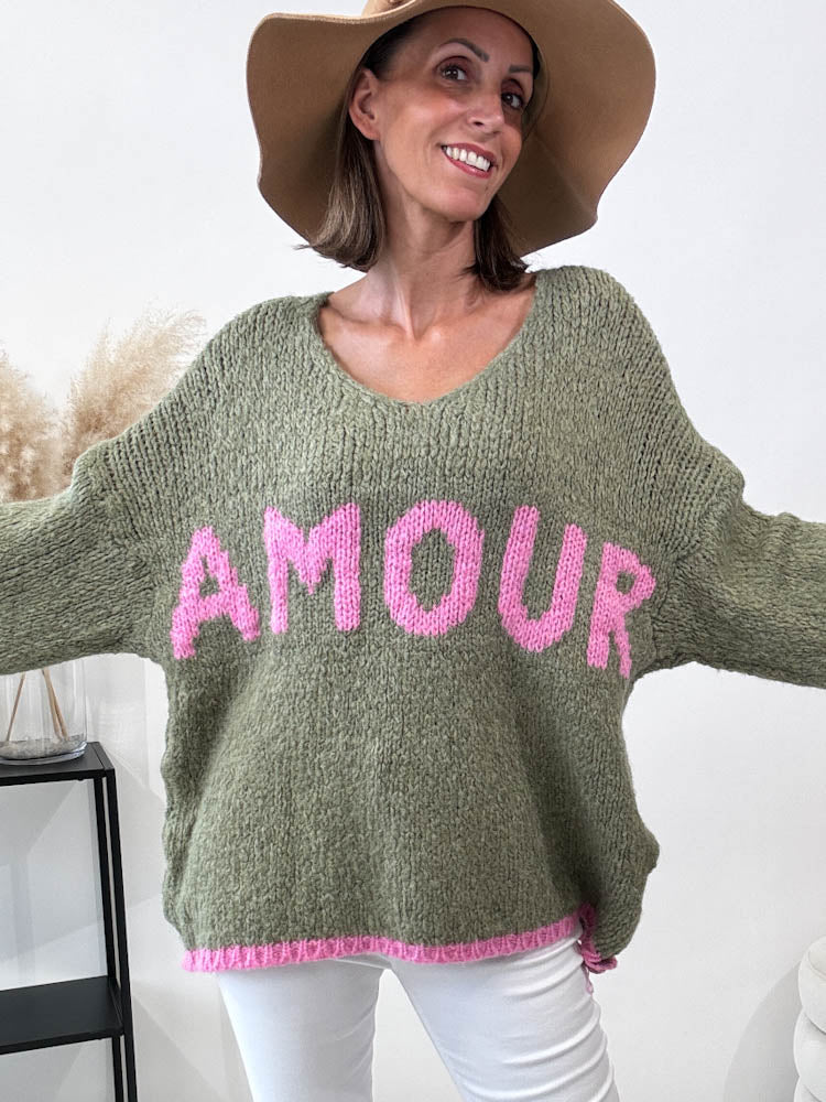 "Amour" kuscheliger Pulli - matcha/pink