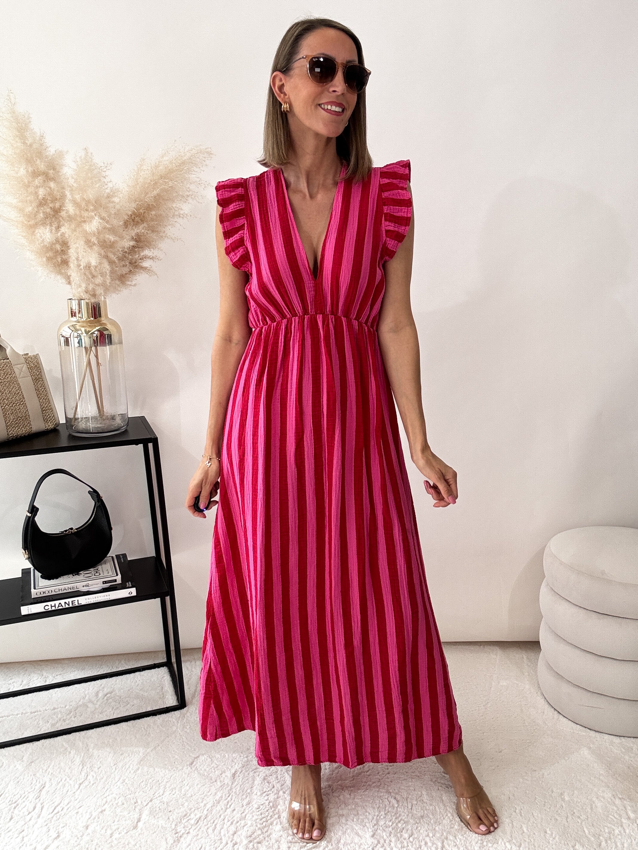 "Pianosa Stripes" - Maxikleid aus Musselin - pink/rot