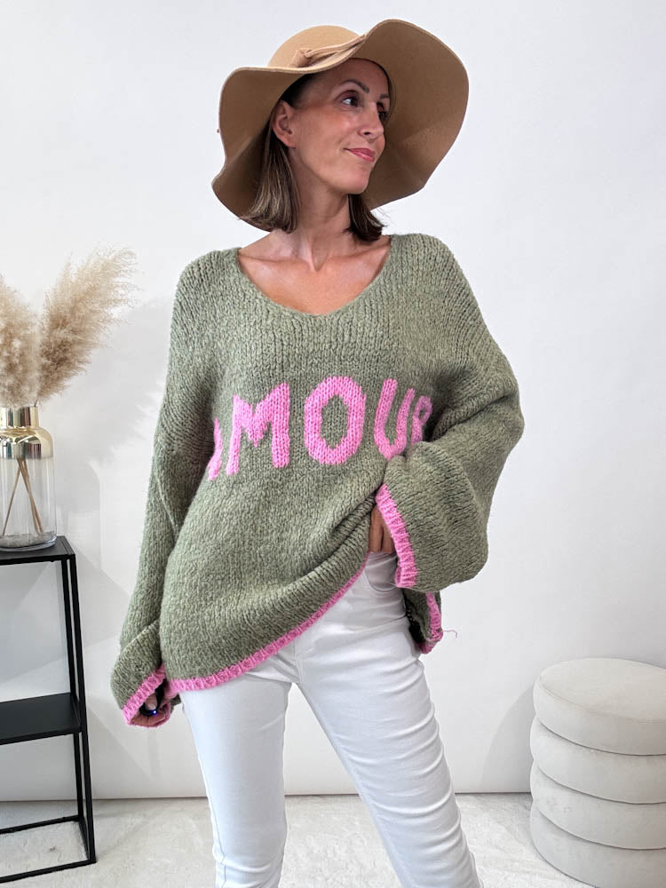 "Amour" kuscheliger Pulli - matcha/pink