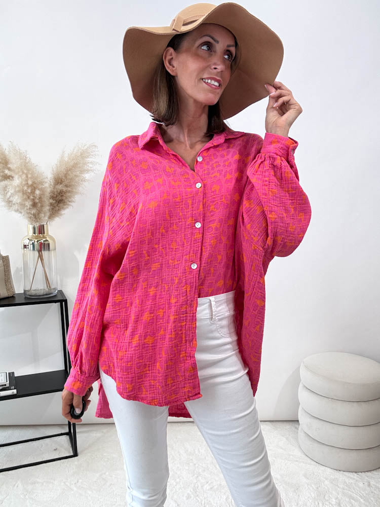 "Musselin Flower" Bluse aus Baumwolle - hot pink