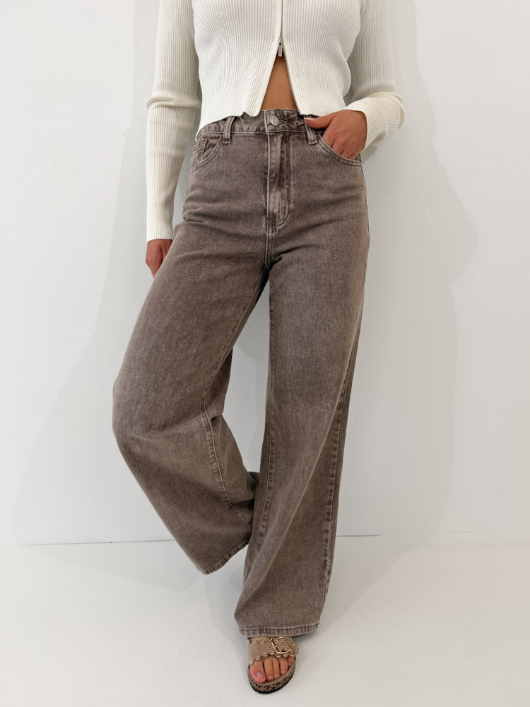 "Mousse" Wide Leg Jeans - washing mocca