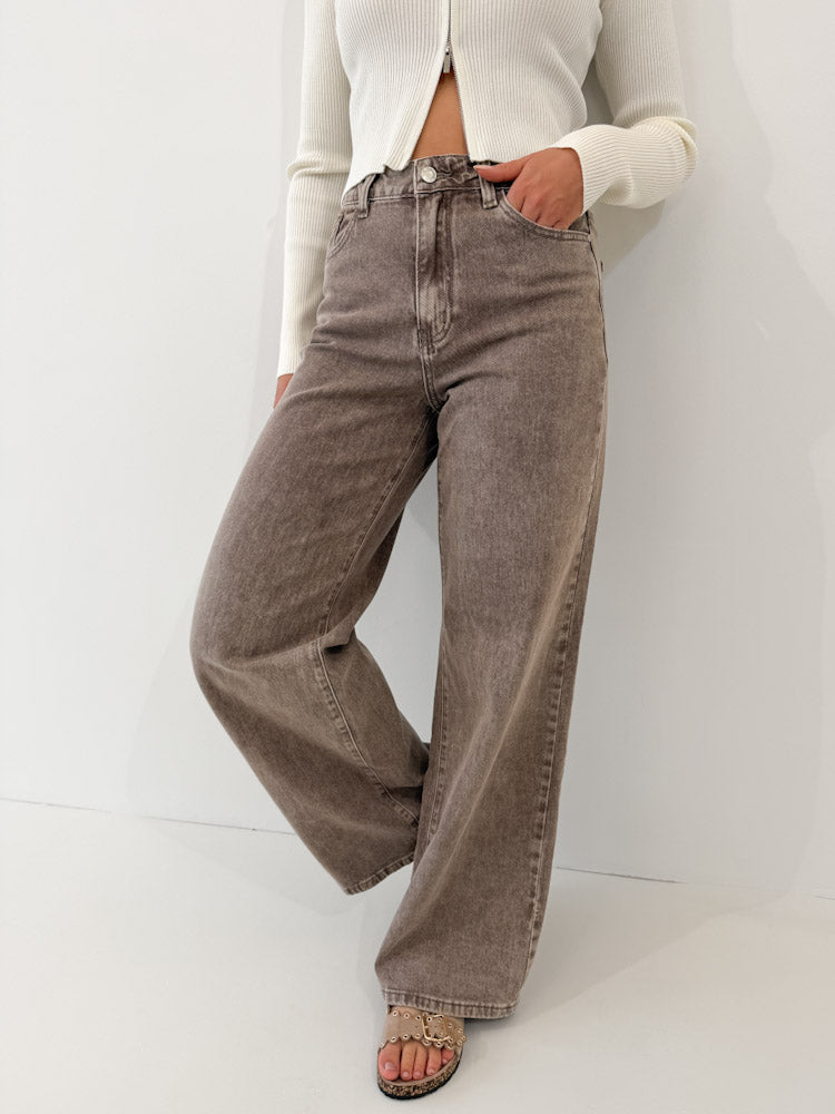 "Mousse" Wide Leg Jeans - washing mocca