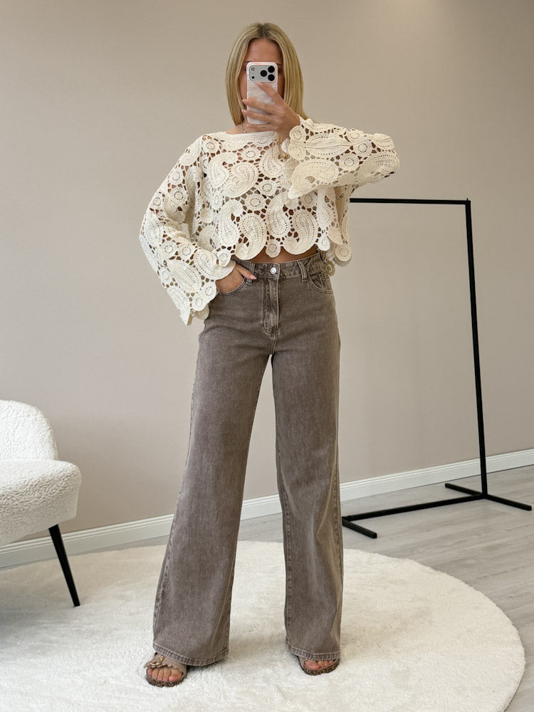 "Sun" weiches Oversize Crochet Top aus Baumwolle - beige