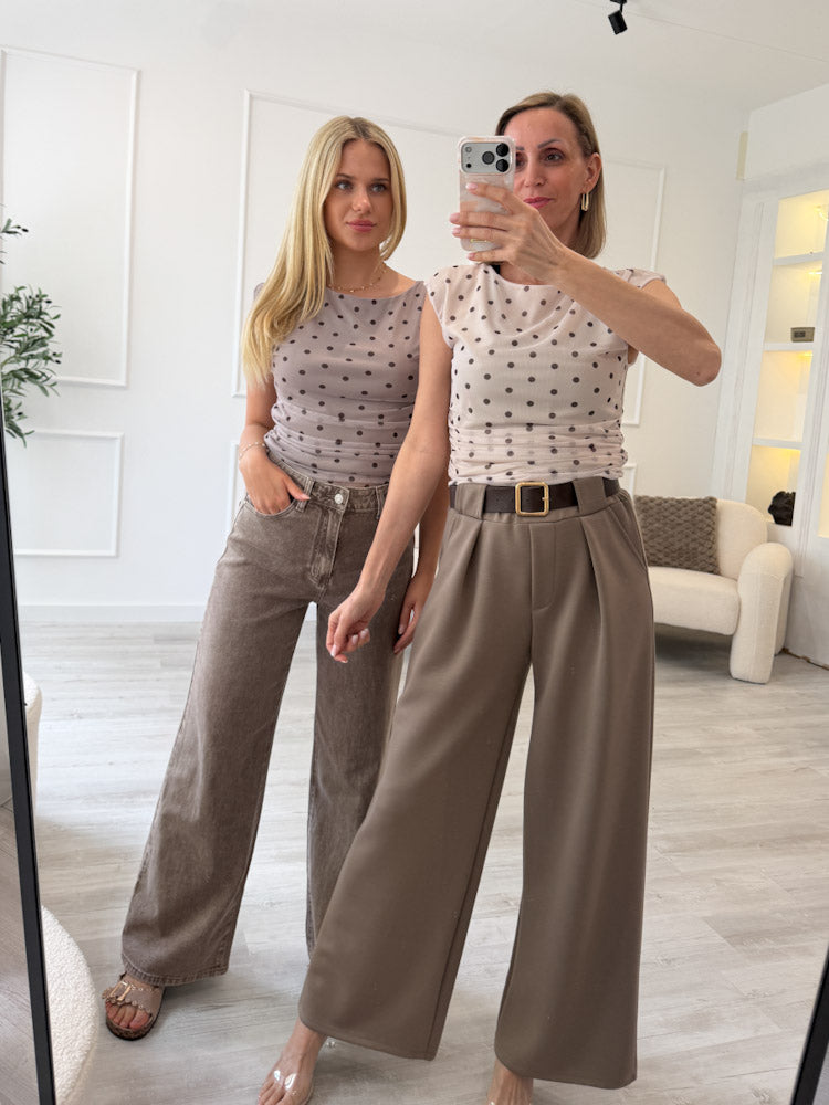 "Luna Dots" tolles Top mit seitlicher Raffung - mocca/ braun