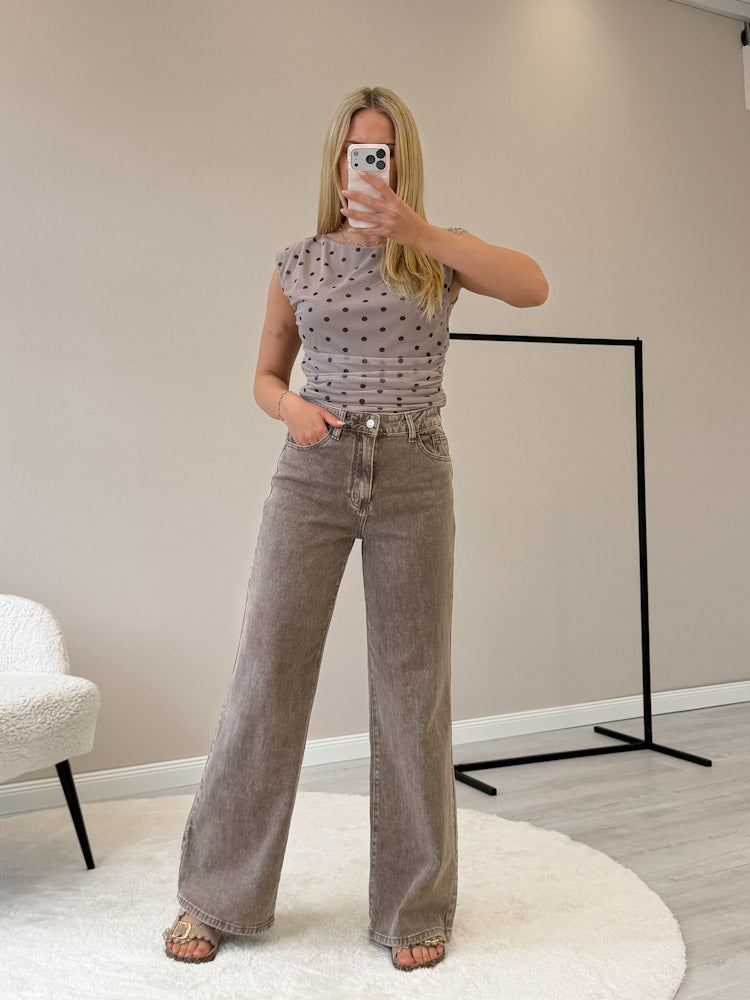 "Luna Dots" tolles Top mit seitlicher Raffung - mocca/ braun
