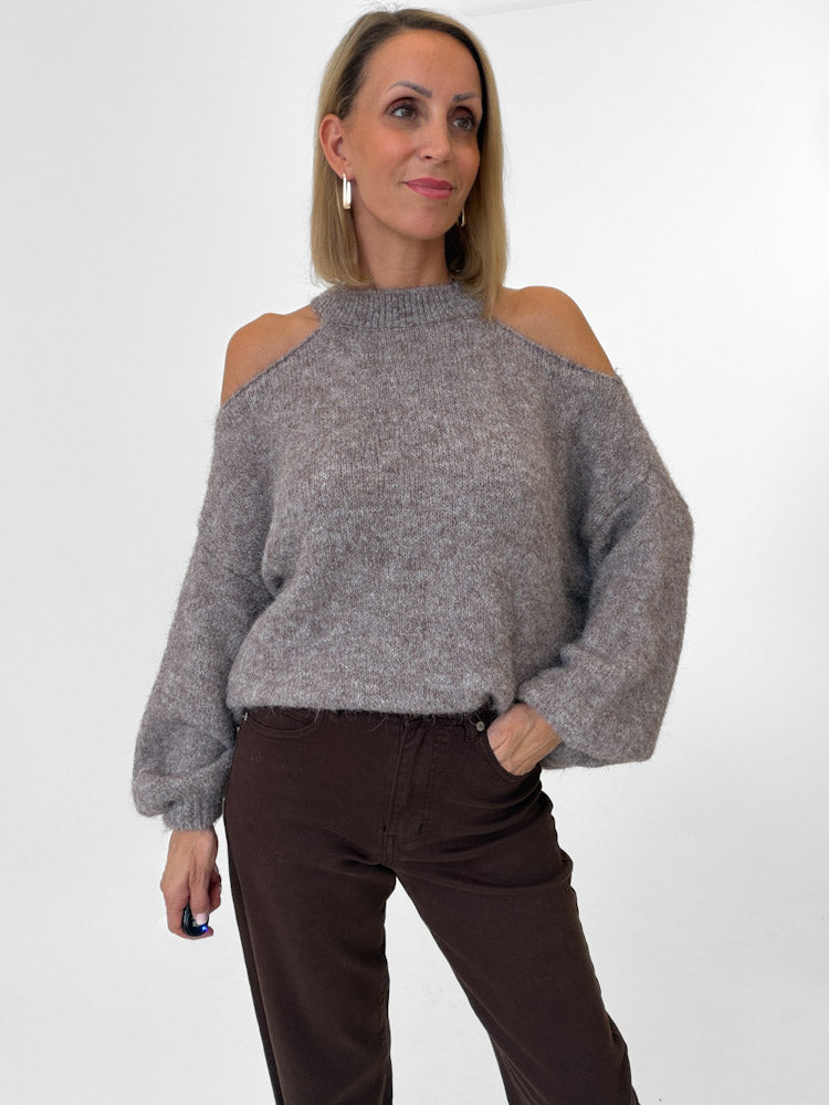 "Lia" weicher Cold-Shoulder Pullover - mocca