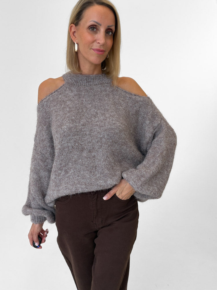 "Lia" weicher Cold-Shoulder Pullover - mocca