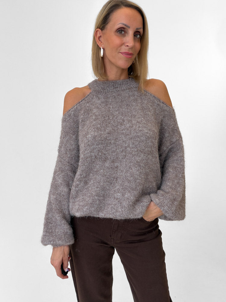 "Lia" weicher Cold-Shoulder Pullover - mocca