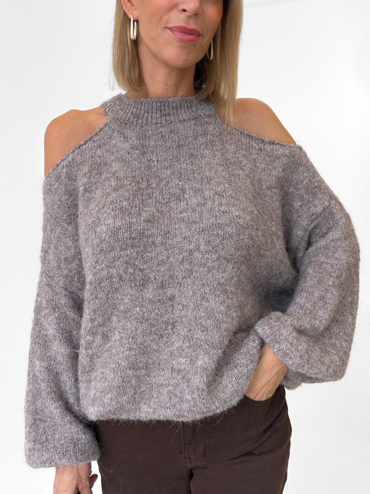 "Lia" weicher Cold-Shoulder Pullover - mocca