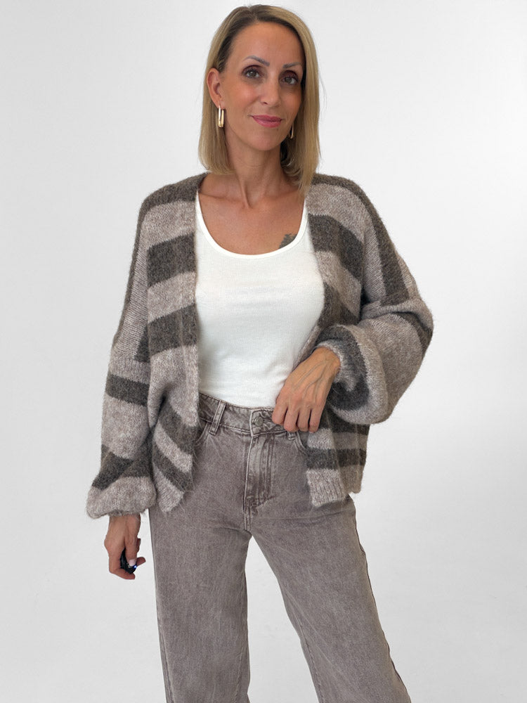 "Mela Stripes" weicher Cardigan mit Alpaka & Lana Wolle - mocca