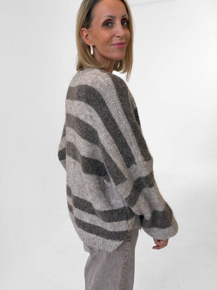 "Mela Stripes" weicher Cardigan mit Alpaka & Lana Wolle - mocca