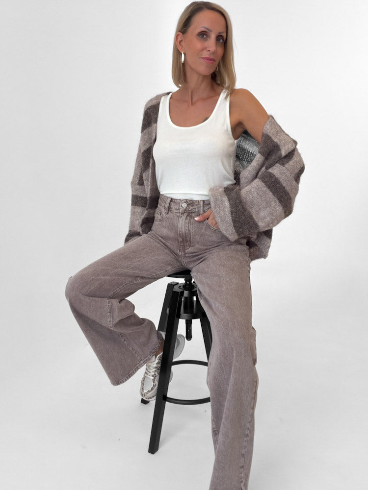 "Mela Stripes" weicher Cardigan mit Alpaka & Lana Wolle - mocca