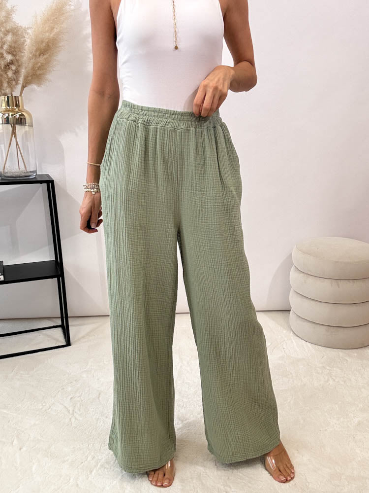 "Musselin Pants" Hose aus Baumwolle - match green