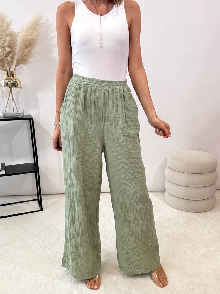 "Musselin Pants" Hose aus Baumwolle - match green