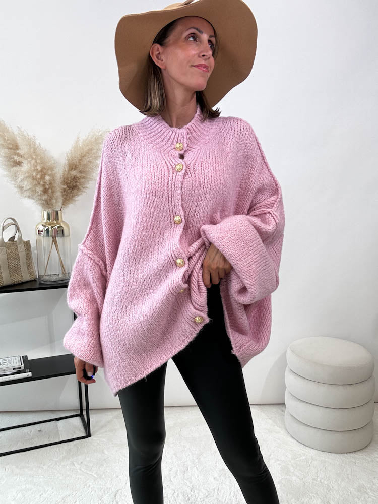 "Cozy Button" kuscheliger Oversize Cardigan - rosa