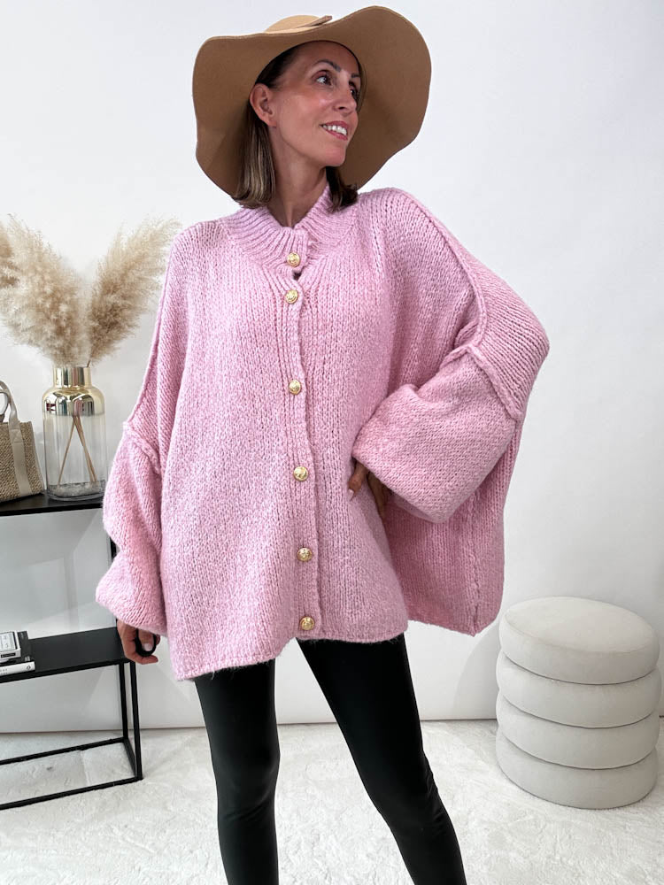 "Cozy Button" kuscheliger Oversize Cardigan - rosa