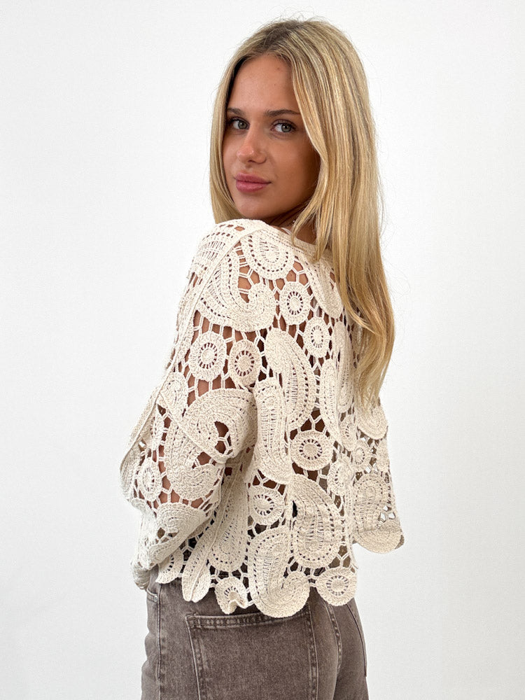 "Sun" weiches Oversize Crochet Top aus Baumwolle - beige
