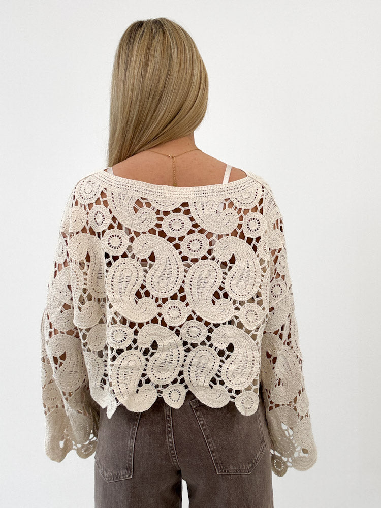 "Sun" weiches Oversize Crochet Top aus Baumwolle - beige