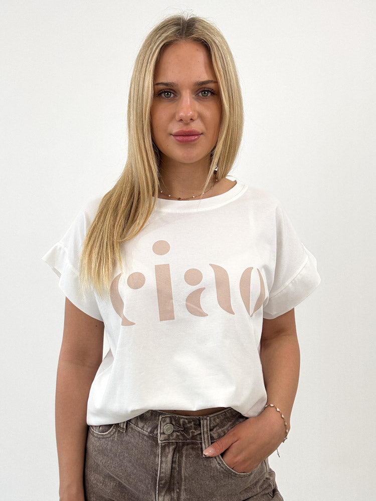 "Ciao 2.0" stylisches Shirt mit Statement - weiß/beige