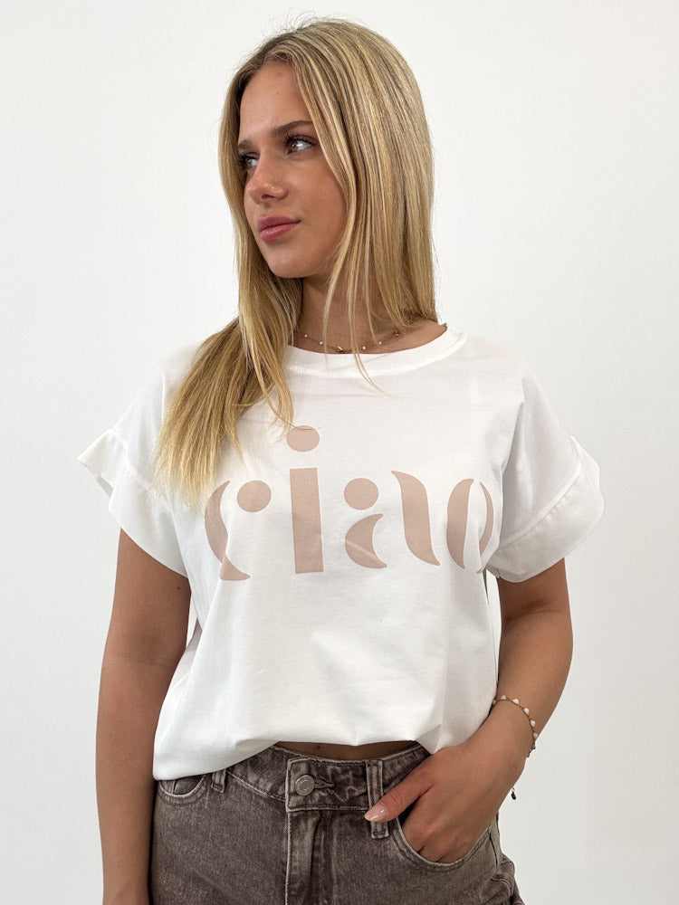 "Ciao 2.0" stylisches Shirt mit Statement - weiß/beige