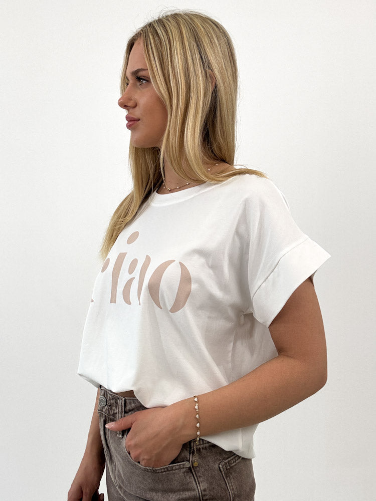 "Ciao 2.0" stylisches Shirt mit Statement - weiß/beige