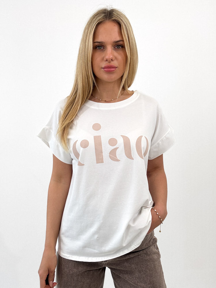 "Ciao 2.0" stylisches Shirt mit Statement - weiß/beige