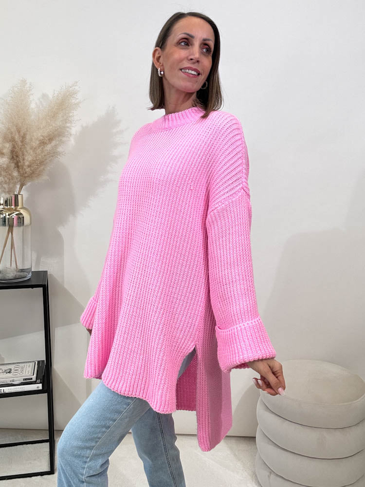 Strickpullover mit Schlitz - rosa