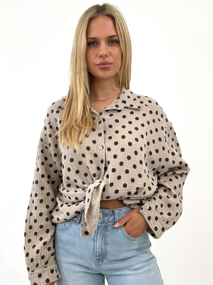"Waffle Dots Midi 2.0" schöne Musselinbluse mit Punkten - beige/braun