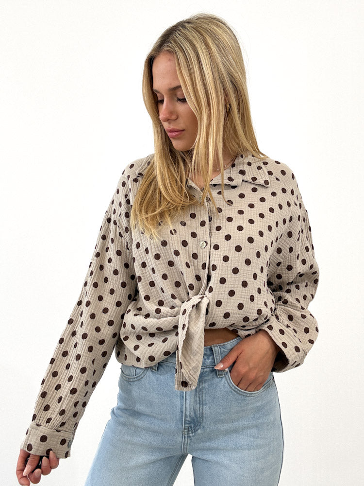 "Waffle Dots Midi 2.0" schöne Musselinbluse mit Punkten - beige/braun
