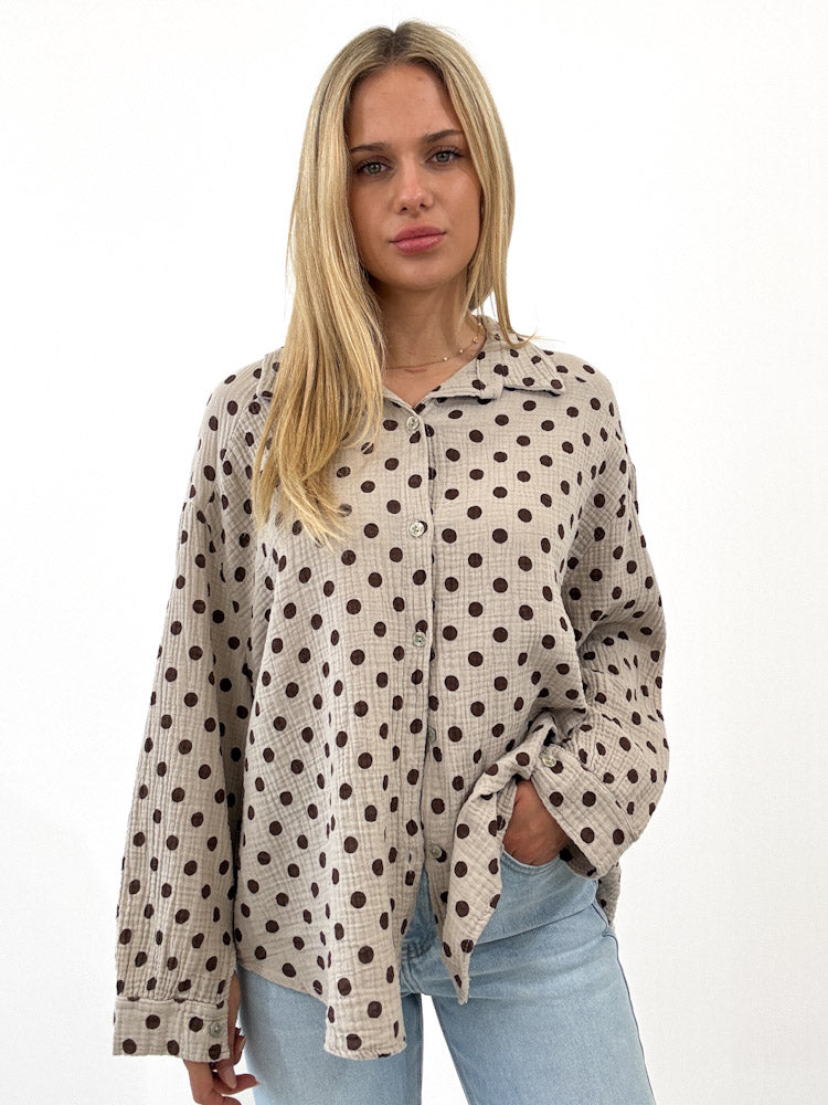 "Waffle Dots Midi 2.0" schöne Musselinbluse mit Punkten - beige/braun