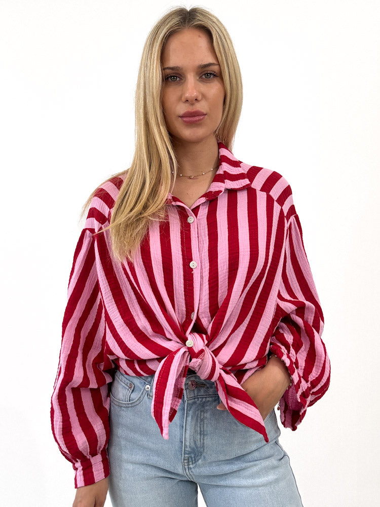 "Stripes Midi" tolle Musselin Bluse mit Streifen - rosa/rot