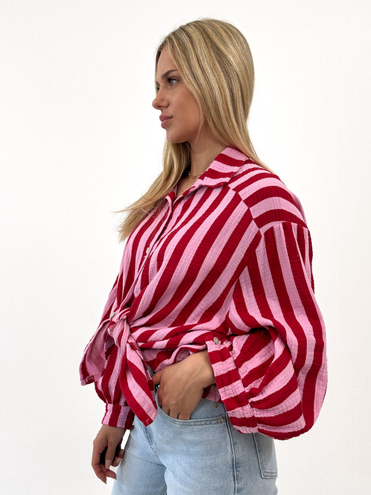 "Stripes Midi" tolle Musselin Bluse mit Streifen - rosa/rot