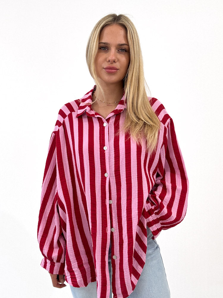 "Stripes Midi" tolle Musselin Bluse mit Streifen - rosa/rot
