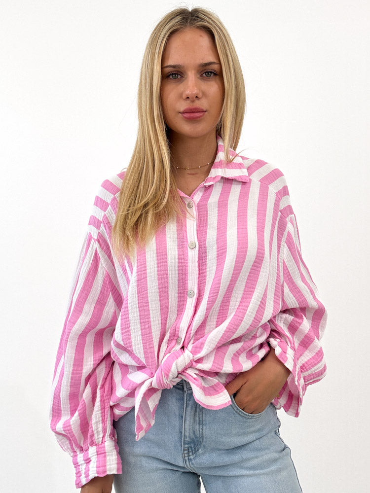 "Stripes Midi" tolle Musselin Bluse mit Streifen - rosa/weiß