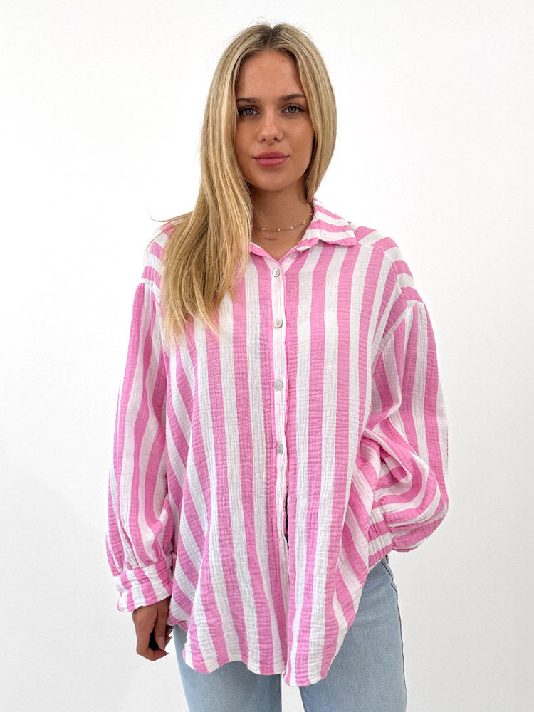 "Stripes Midi" tolle Musselin Bluse mit Streifen - rosa/weiß