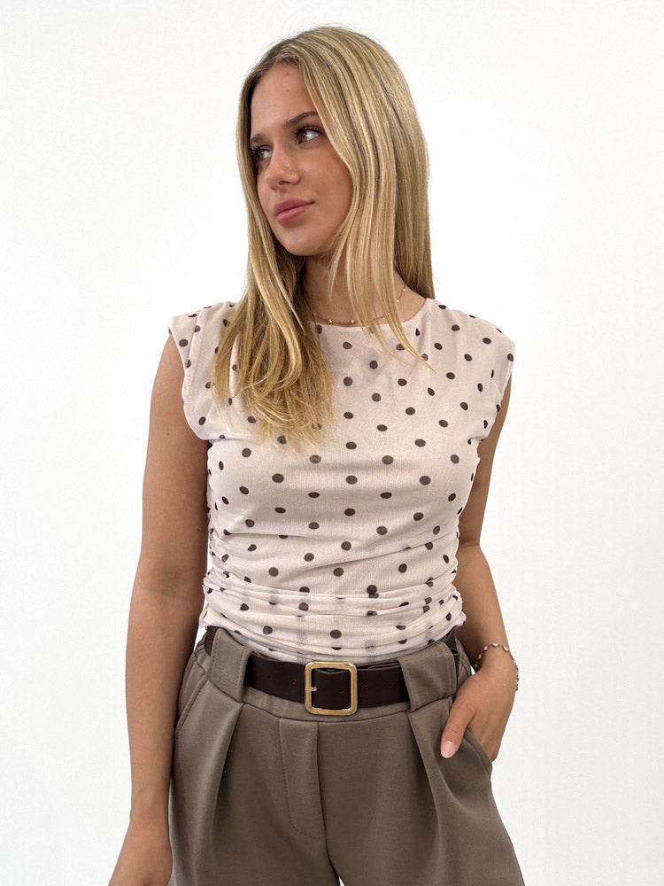 "Luna Dots" tolles Top mit seitlicher Raffung - beige/ braun