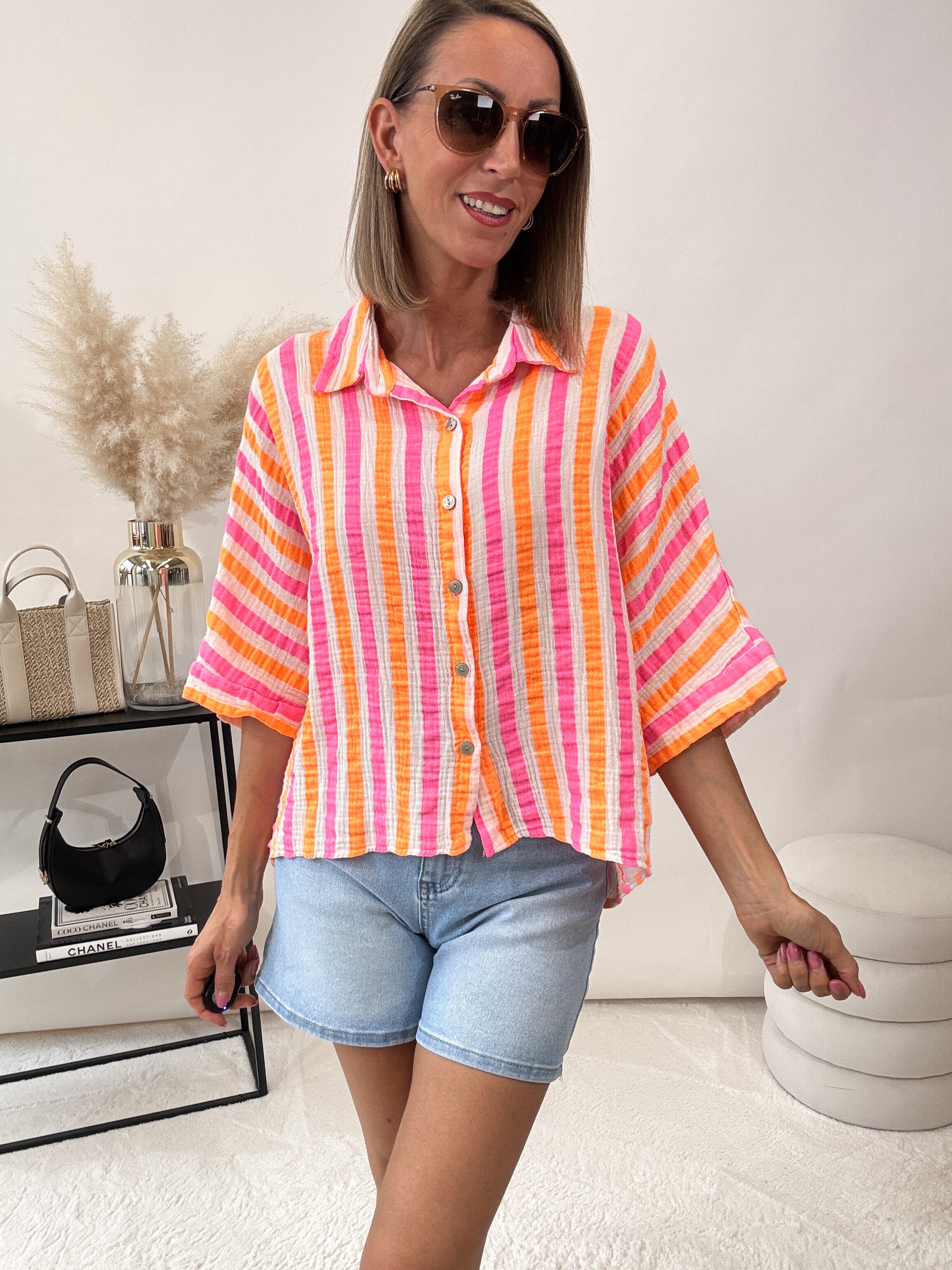 "Waffle Picco" kurze gestreifte Musselinbluse - weiss/orange/rosa