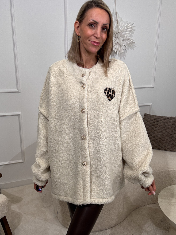 "Teddy Cozy" weiche Teddy Jacke mit einem Leoherz - creme