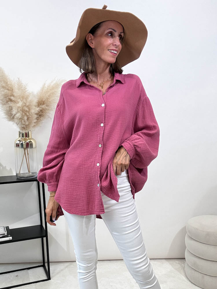 "Waffle Midi" kurze Bluse aus Baumwolle (Musselin)- berry