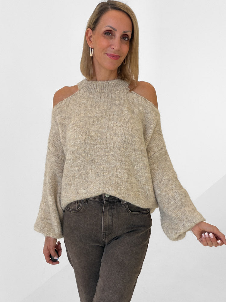 "Lia" weicher Cold-Shoulder Pullover - beige